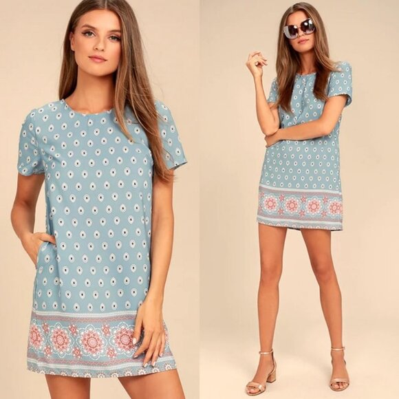 Lulus Secret Paradise Blue Print Shift Dress Size XS Bohemian Mini Festival Boho - Picture 1 of 15